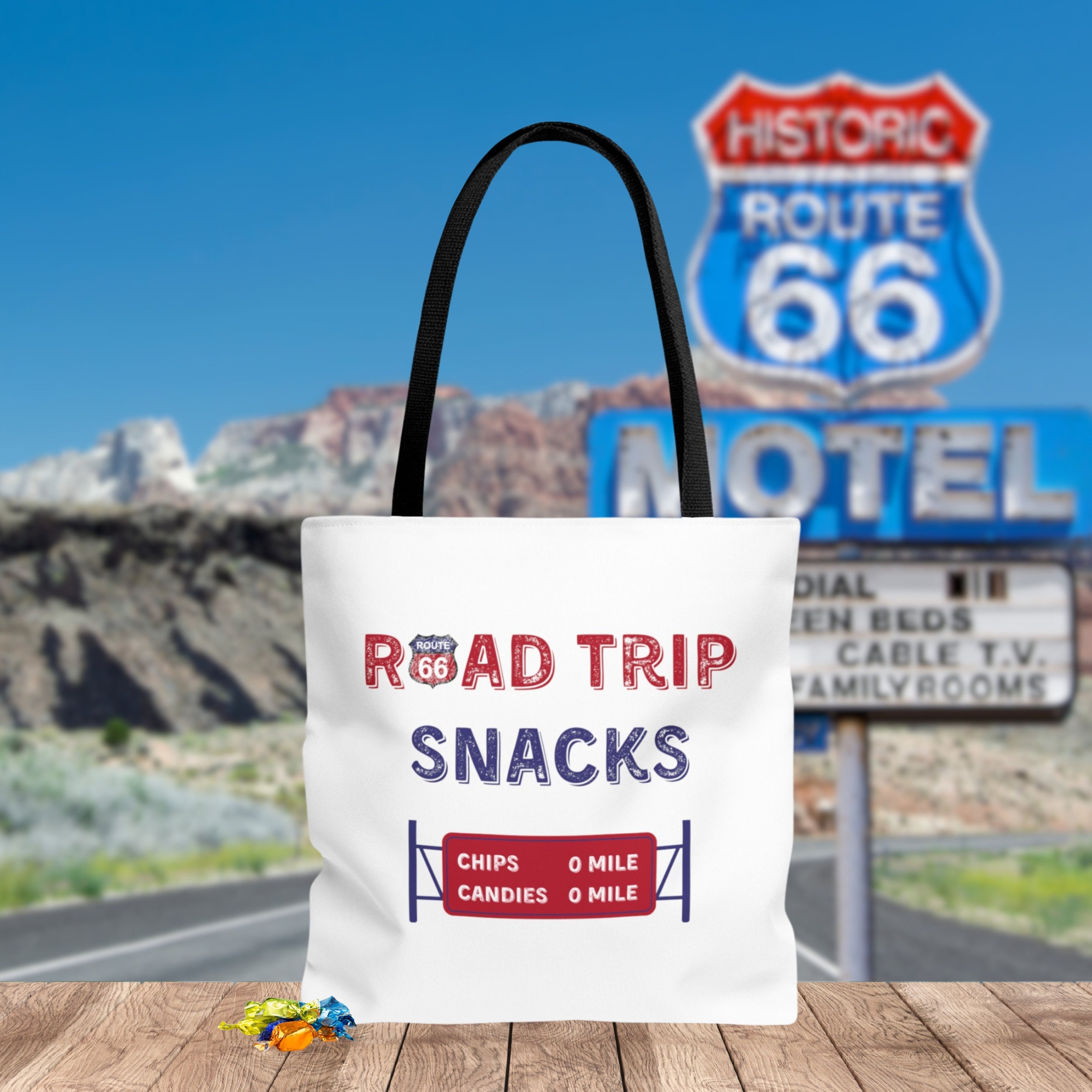 Road Trip Snacks Bag - Travel Snacks Tote Route 66 Sign - Cute Snack Bag For Your Chips & Candy Bars - On The Road Again!