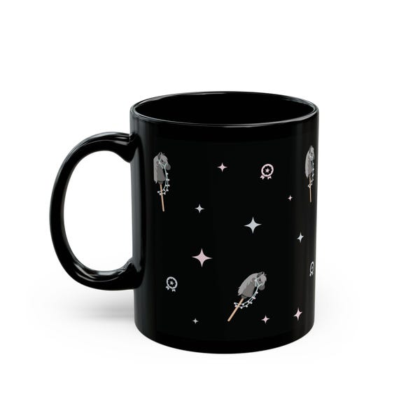 Hobby Horse Mug: Equestrian Stick Horse Pattern - Black Ceramic Cup - Estelle Gift Shop